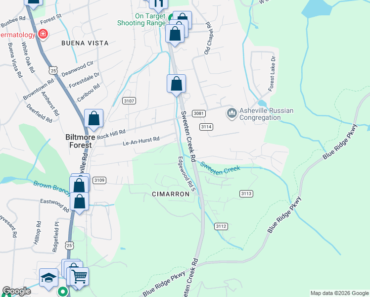 map of restaurants, bars, coffee shops, grocery stores, and more near 1401 Sweeten Creek Road in Asheville