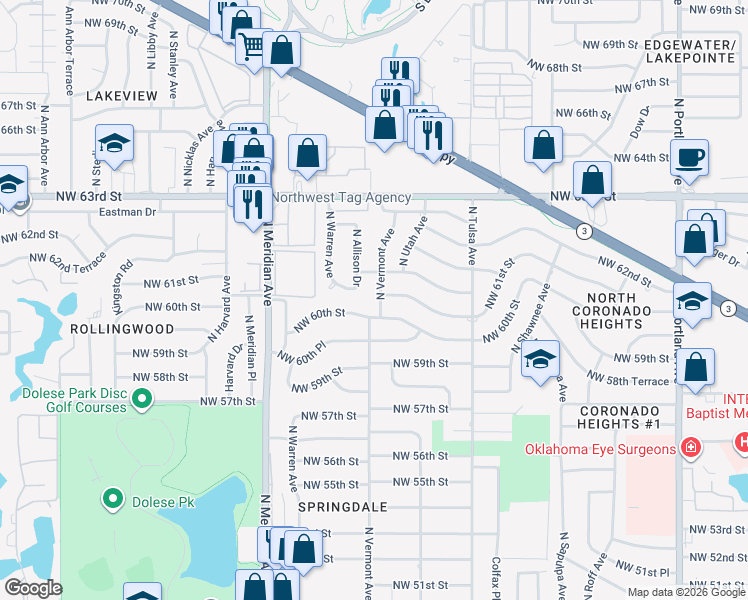 map of restaurants, bars, coffee shops, grocery stores, and more near 4233 Northwest 61st Street in Oklahoma City