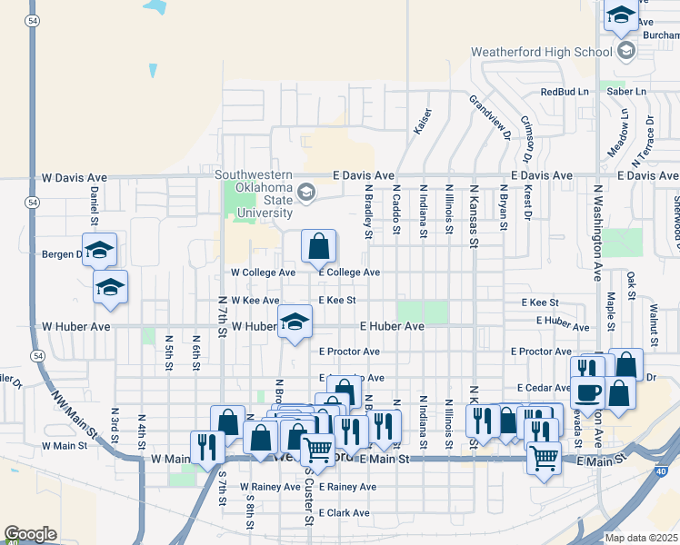 map of restaurants, bars, coffee shops, grocery stores, and more near North State Street in Weatherford