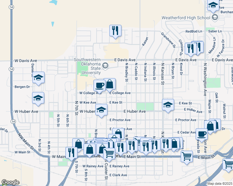 map of restaurants, bars, coffee shops, grocery stores, and more near North State Street in Weatherford