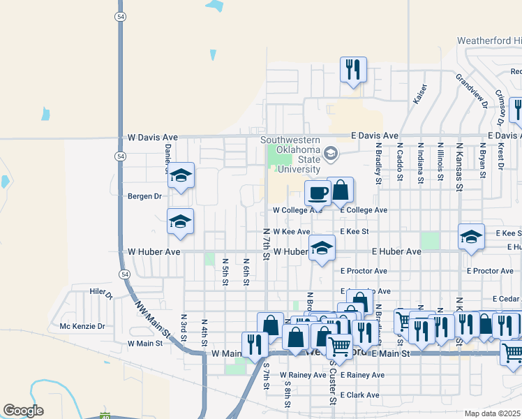 map of restaurants, bars, coffee shops, grocery stores, and more near 723 North 7th Street in Weatherford