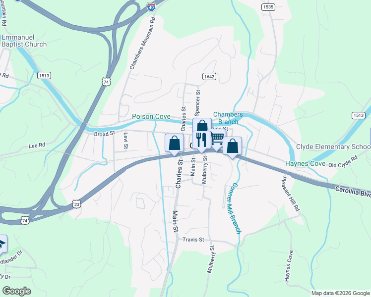 map of restaurants, bars, coffee shops, grocery stores, and more near 274 Charles Street in Clyde