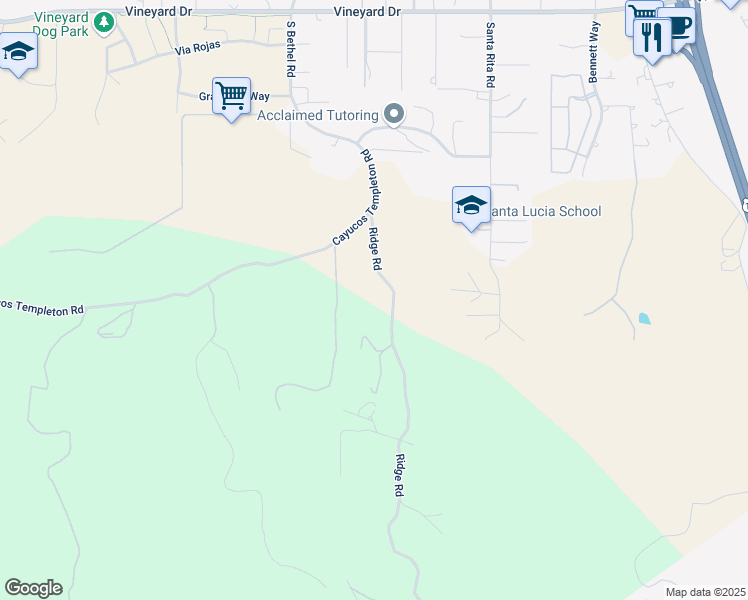 map of restaurants, bars, coffee shops, grocery stores, and more near 1490 Ridge Road in Templeton