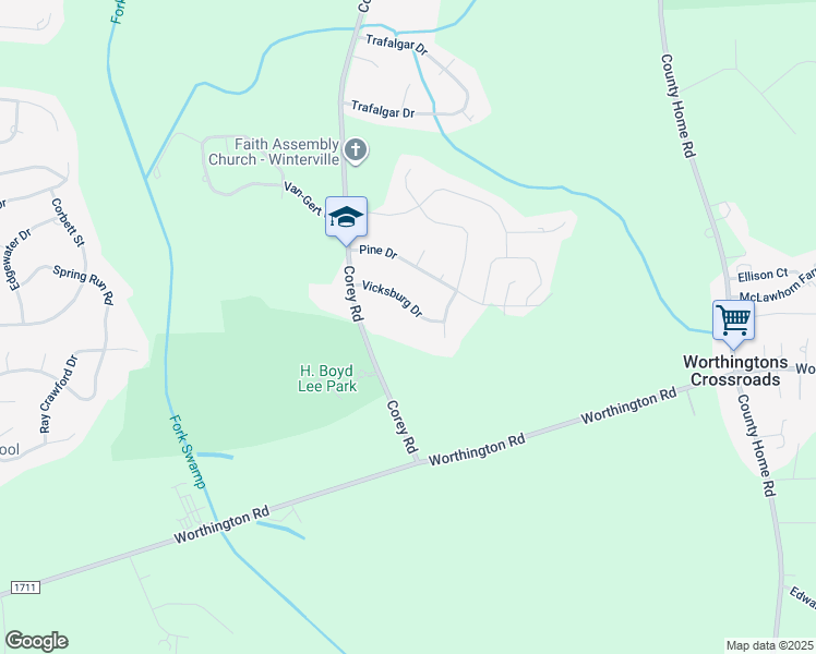 map of restaurants, bars, coffee shops, grocery stores, and more near 1070 Vicksburg Drive in Winterville