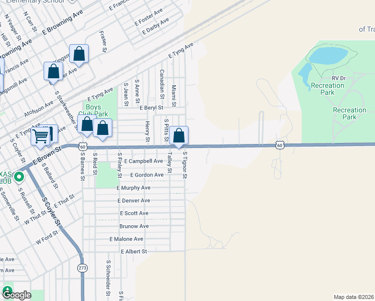 map of restaurants, bars, coffee shops, grocery stores, and more near 1264 East Frederic Avenue in Pampa