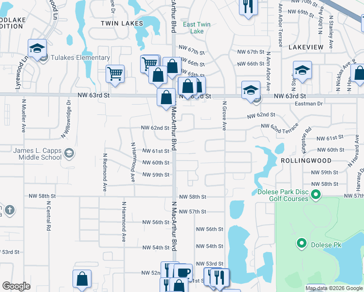 map of restaurants, bars, coffee shops, grocery stores, and more near 5836 North Norman Road in Warr Acres