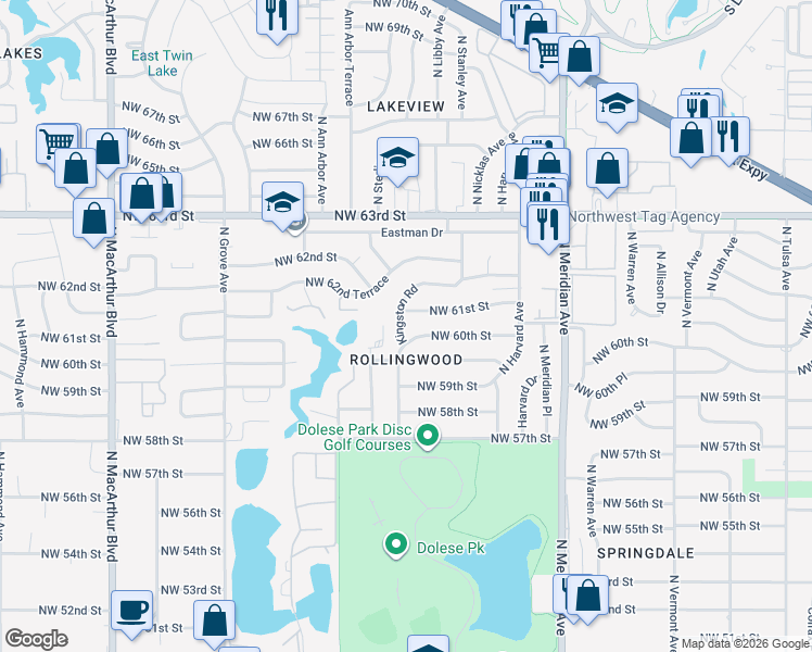 map of restaurants, bars, coffee shops, grocery stores, and more near 6121 Kingston Road in Oklahoma City