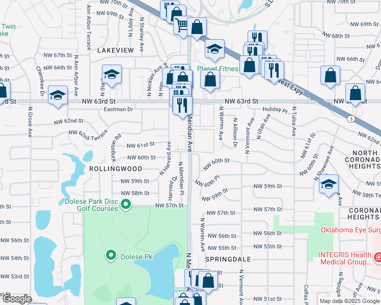 map of restaurants, bars, coffee shops, grocery stores, and more near 6106 North Meridian Avenue in Oklahoma City