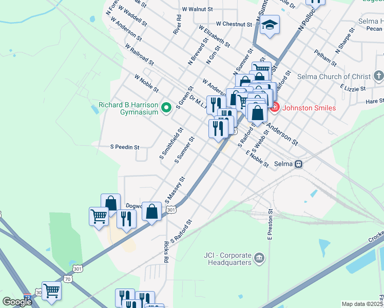 map of restaurants, bars, coffee shops, grocery stores, and more near 309 West Preston Street in Selma