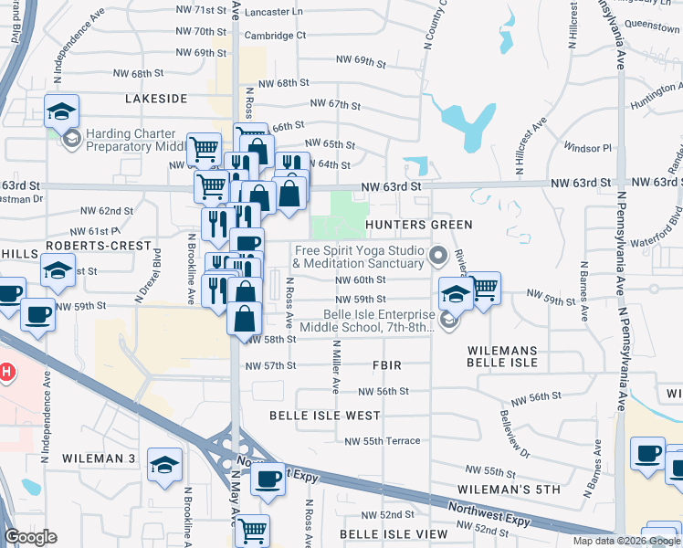 map of restaurants, bars, coffee shops, grocery stores, and more near 2616 Northwest 61st Street in Oklahoma City
