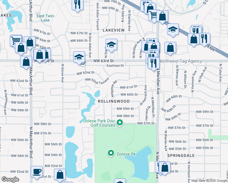 map of restaurants, bars, coffee shops, grocery stores, and more near 6121 Kingston Road in Oklahoma City
