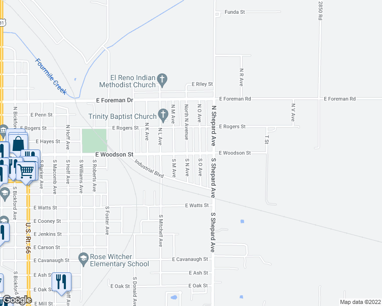 map of restaurants, bars, coffee shops, grocery stores, and more near 105 North North Avenue in El Reno