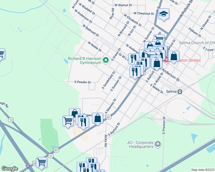 map of restaurants, bars, coffee shops, grocery stores, and more near 509 South Smithfield Street in Selma