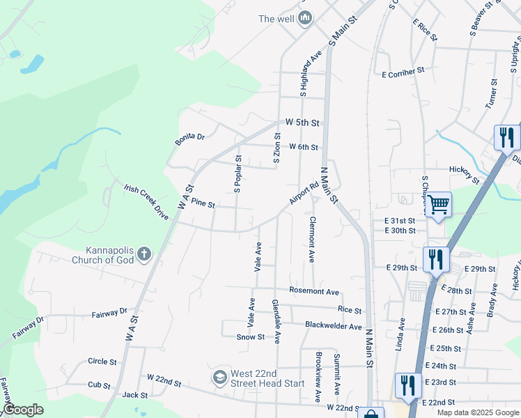 map of restaurants, bars, coffee shops, grocery stores, and more near Airport Road in Kannapolis
