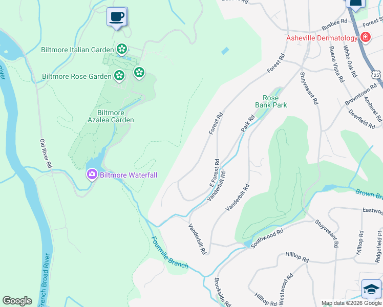 map of restaurants, bars, coffee shops, grocery stores, and more near 73 Forest Road in Biltmore Forest