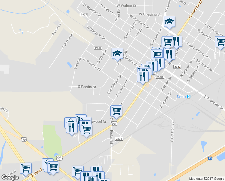 map of restaurants, bars, coffee shops, grocery stores, and more near 509 South Smithfield Street in Selma