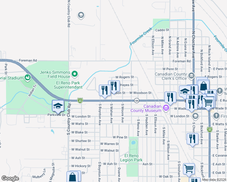 map of restaurants, bars, coffee shops, grocery stores, and more near 1120 West Woodson Street in El Reno