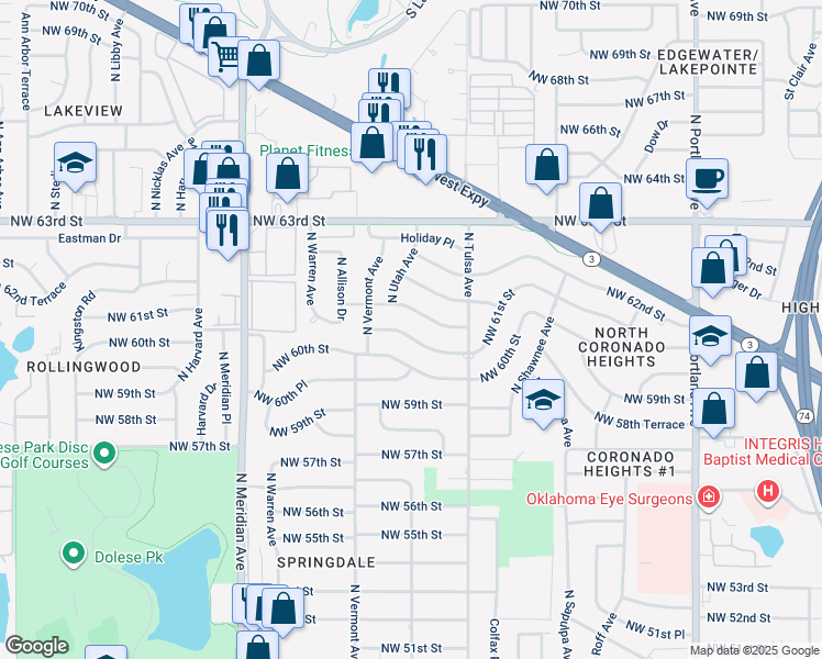 map of restaurants, bars, coffee shops, grocery stores, and more near 4209 Northwest 61st Street in Oklahoma City