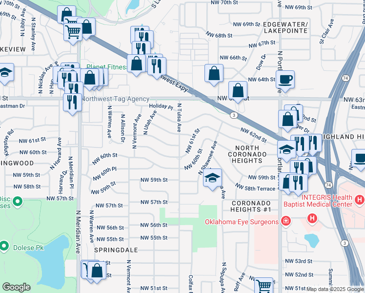 map of restaurants, bars, coffee shops, grocery stores, and more near 4053 Northwest 61st Street in Oklahoma City
