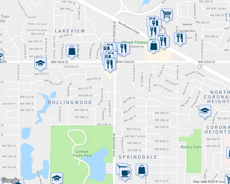 map of restaurants, bars, coffee shops, grocery stores, and more near 6204 North Meridian Avenue in Oklahoma City