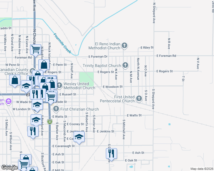 map of restaurants, bars, coffee shops, grocery stores, and more near 103 North Donald Avenue in El Reno
