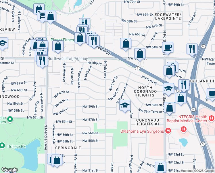 map of restaurants, bars, coffee shops, grocery stores, and more near 4053 Northwest 61st Street in Oklahoma City