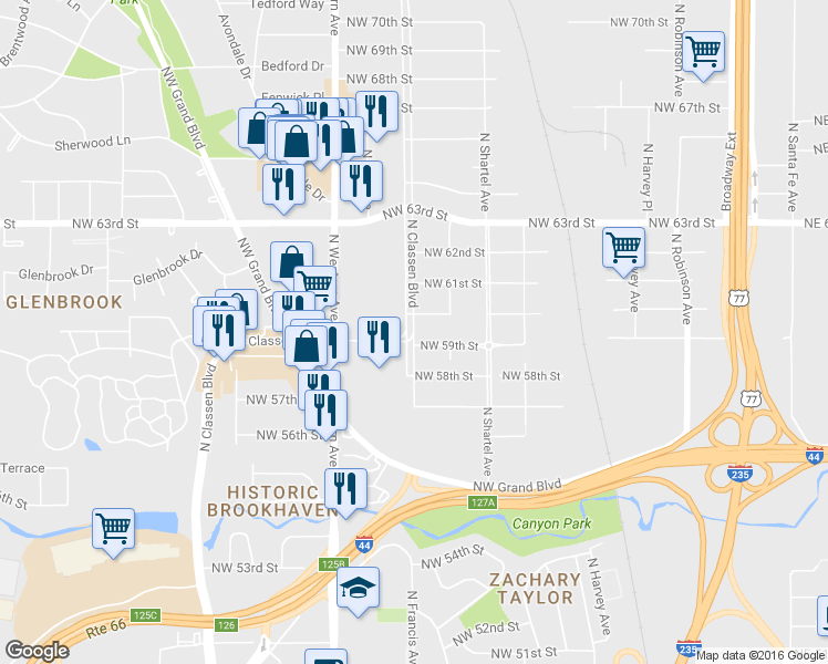 map of restaurants, bars, coffee shops, grocery stores, and more near N Classen Blvd & Classen Ct in Oklahoma City