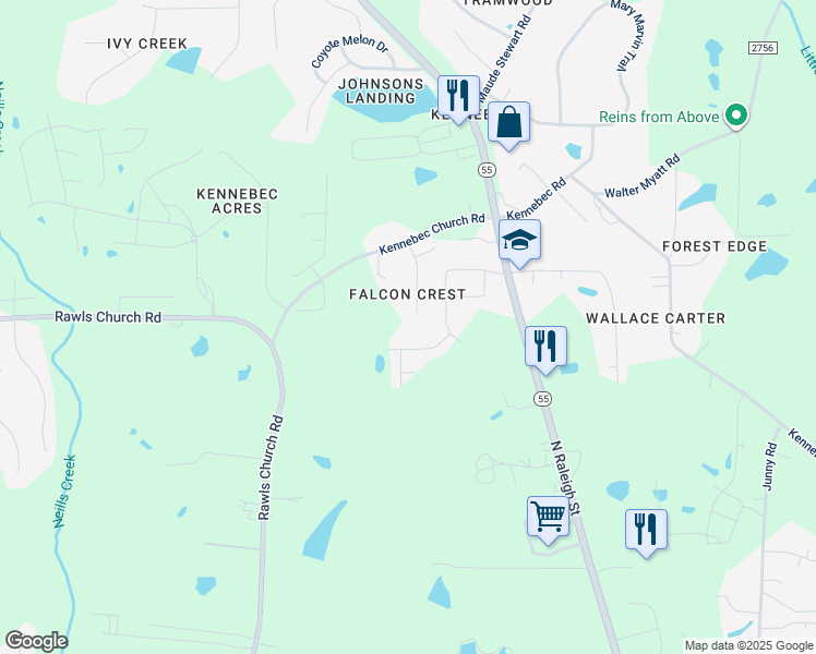 map of restaurants, bars, coffee shops, grocery stores, and more near 8420 Falcon Crest Cir in Angier