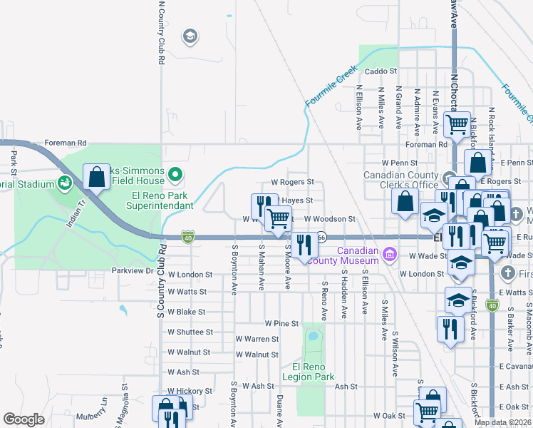 map of restaurants, bars, coffee shops, grocery stores, and more near 1120 West Woodson Street in El Reno