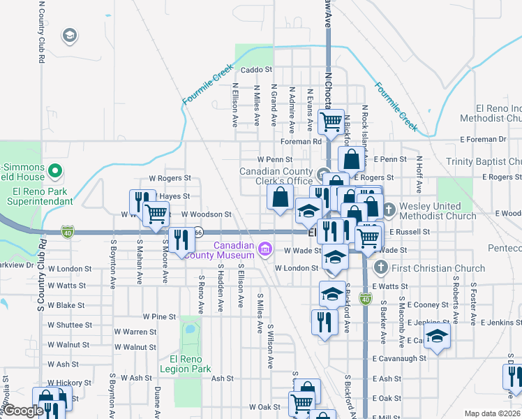 map of restaurants, bars, coffee shops, grocery stores, and more near 520 West Woodson Street in El Reno