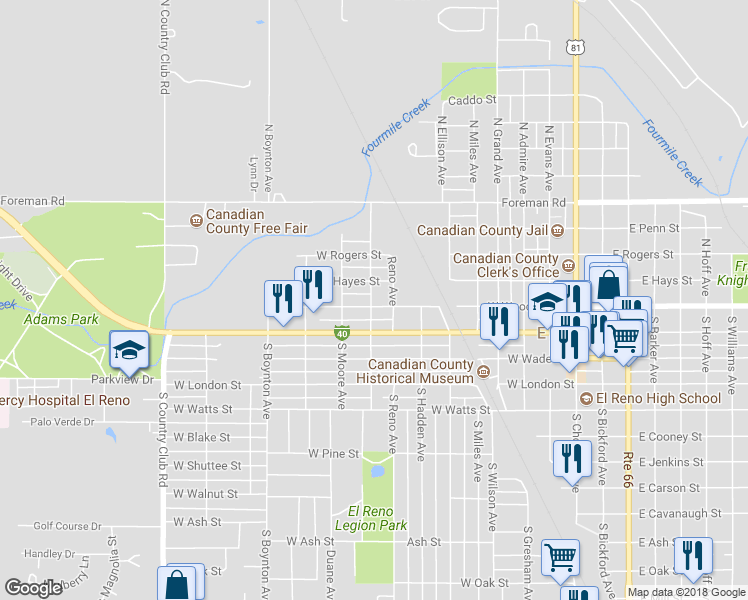 map of restaurants, bars, coffee shops, grocery stores, and more near 920 West Woodson Street in El Reno