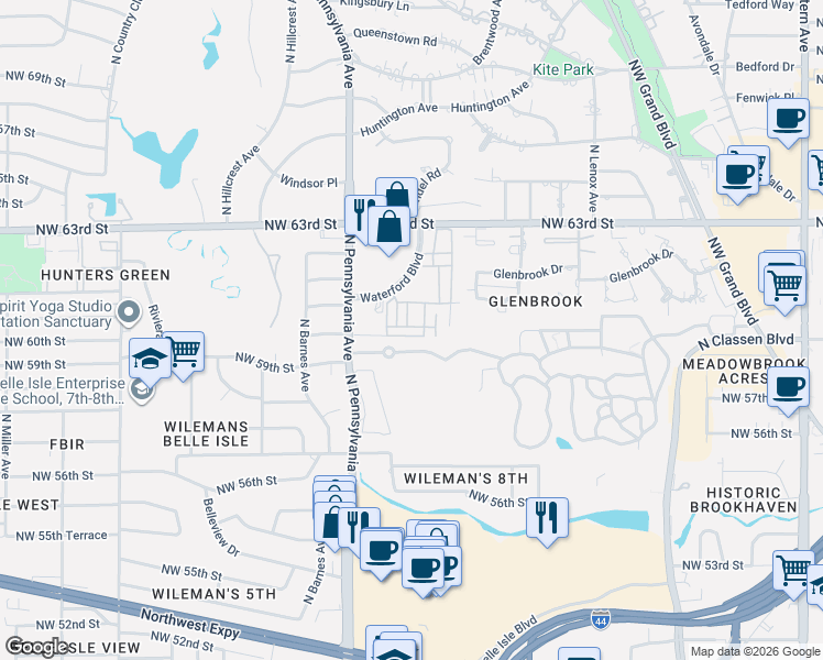 map of restaurants, bars, coffee shops, grocery stores, and more near 6204 Waterford Boulevard in Oklahoma City