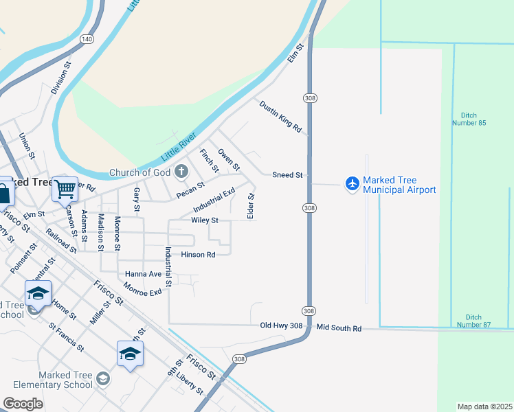 map of restaurants, bars, coffee shops, grocery stores, and more near 10 Elder Street in Marked Tree