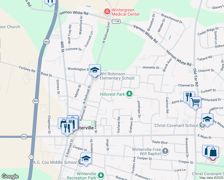 map of restaurants, bars, coffee shops, grocery stores, and more near Kennedy Street in Winterville