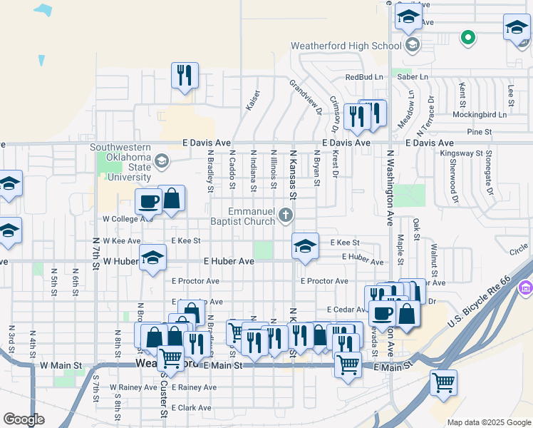 map of restaurants, bars, coffee shops, grocery stores, and more near 801 North Illinois Street in Weatherford