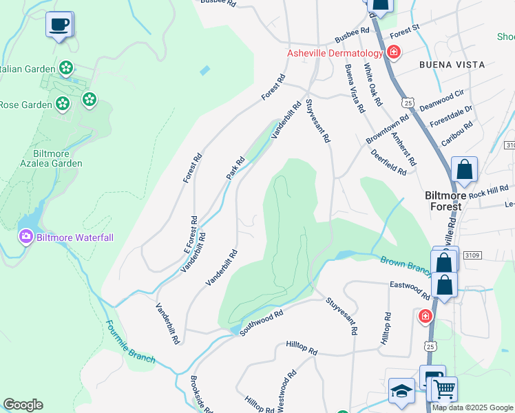 map of restaurants, bars, coffee shops, grocery stores, and more near 396 Vanderbilt Road in Biltmore Forest