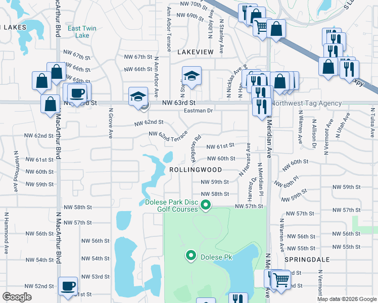 map of restaurants, bars, coffee shops, grocery stores, and more near 6121 Kingston Road in Oklahoma City