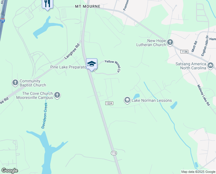 map of restaurants, bars, coffee shops, grocery stores, and more near 117 Eastport Lane in Mooresville