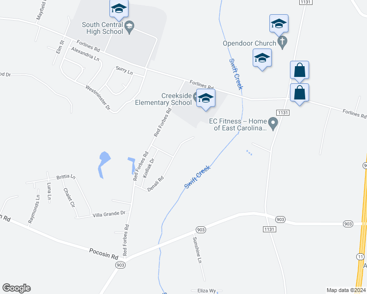 map of restaurants, bars, coffee shops, grocery stores, and more near 544 Denali Road in Winterville