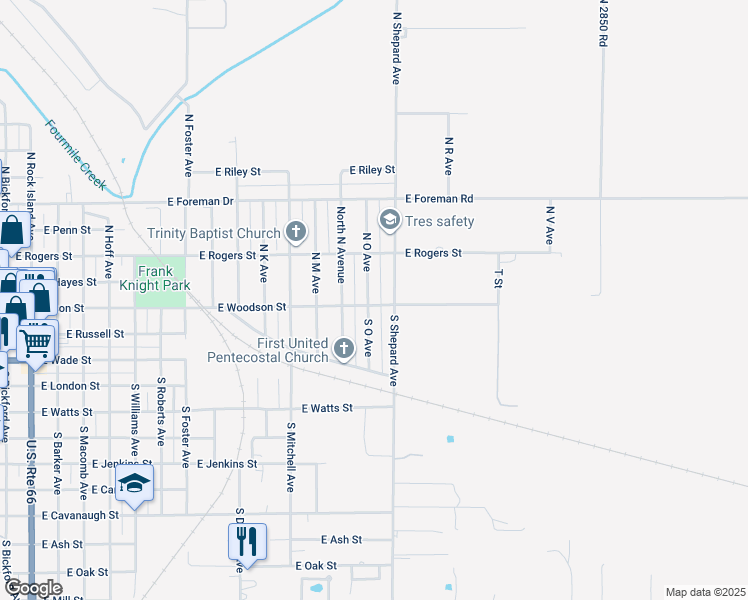 map of restaurants, bars, coffee shops, grocery stores, and more near 1501 East Woodson Street in El Reno