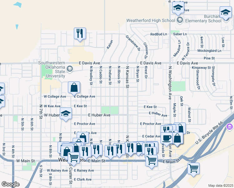 map of restaurants, bars, coffee shops, grocery stores, and more near 801 North Illinois Street in Weatherford