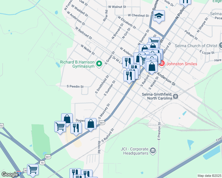 map of restaurants, bars, coffee shops, grocery stores, and more near 309 West Preston Street in Selma