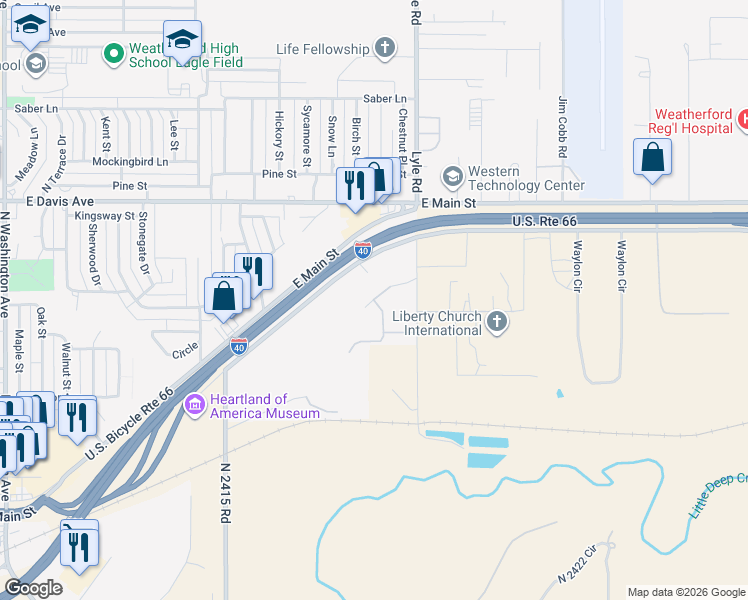 map of restaurants, bars, coffee shops, grocery stores, and more near 2200 Valley View Road in Weatherford