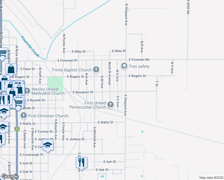 map of restaurants, bars, coffee shops, grocery stores, and more near 105 North North Avenue in El Reno