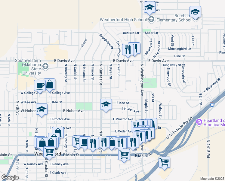 map of restaurants, bars, coffee shops, grocery stores, and more near 800 North Bryan Street in Weatherford