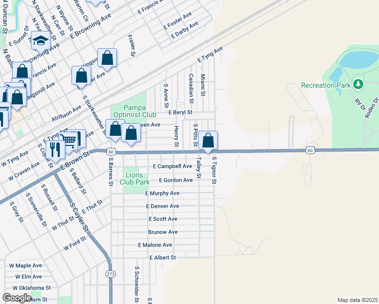 map of restaurants, bars, coffee shops, grocery stores, and more near 1123 East Frederick Avenue in Pampa