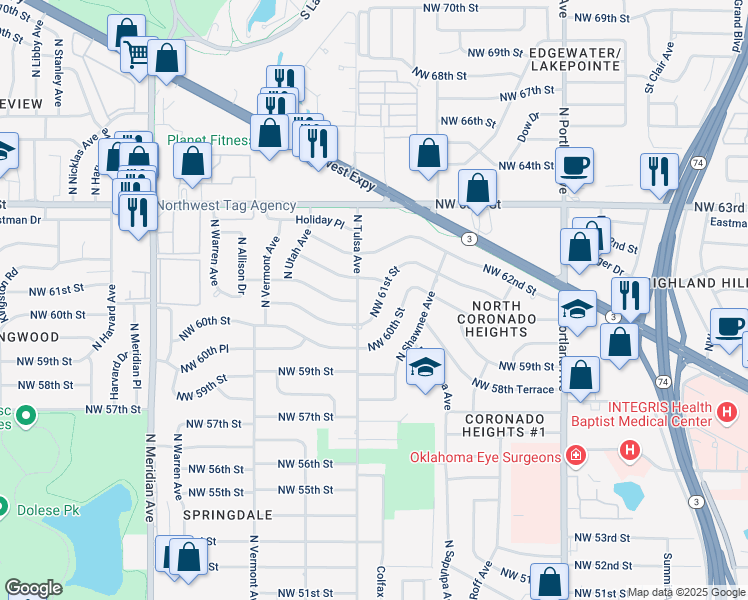 map of restaurants, bars, coffee shops, grocery stores, and more near 4053 Northwest 61st Street in Oklahoma City