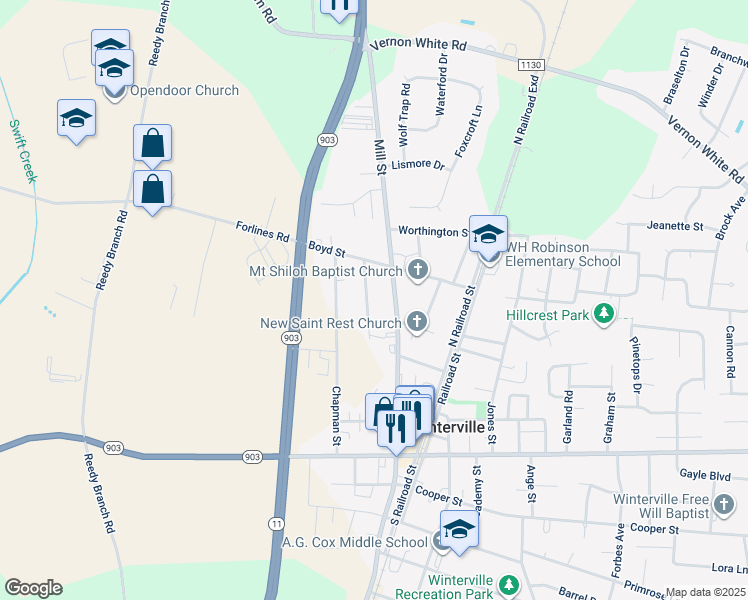map of restaurants, bars, coffee shops, grocery stores, and more near 2441 Grimes St in Winterville
