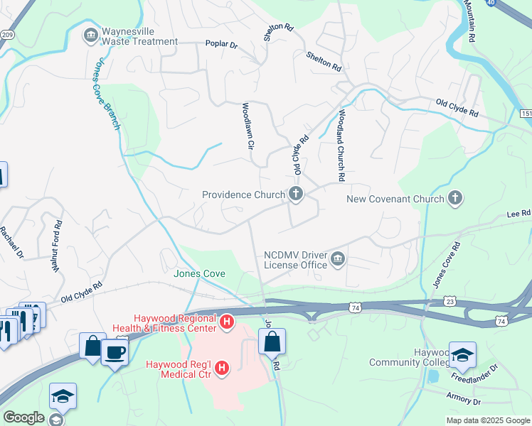map of restaurants, bars, coffee shops, grocery stores, and more near 1298 Old Clyde Road in Clyde