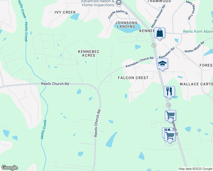map of restaurants, bars, coffee shops, grocery stores, and more near 9907 Kennebec Church Road in Angier